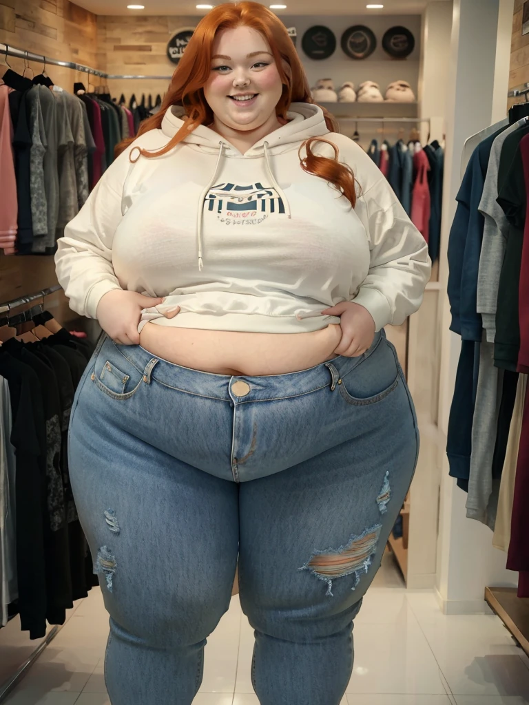 A happy photo of a young beautiful redhead ssbbw with long wavy ginger hair soft fat belly, very wide fat obese hips, thick fat wide legs and fat arms, cute pretty face, small breasts, blue eyes, freckles, in a cute covering hoodie and jeans, in a clothes shop