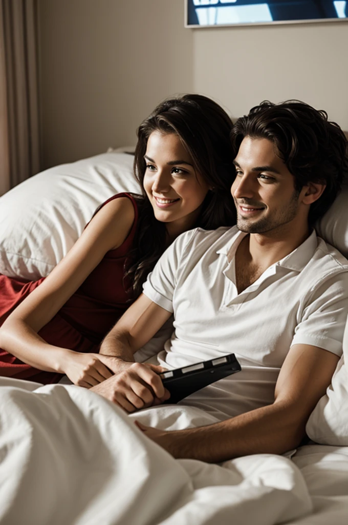 Couple watching movies in bed 