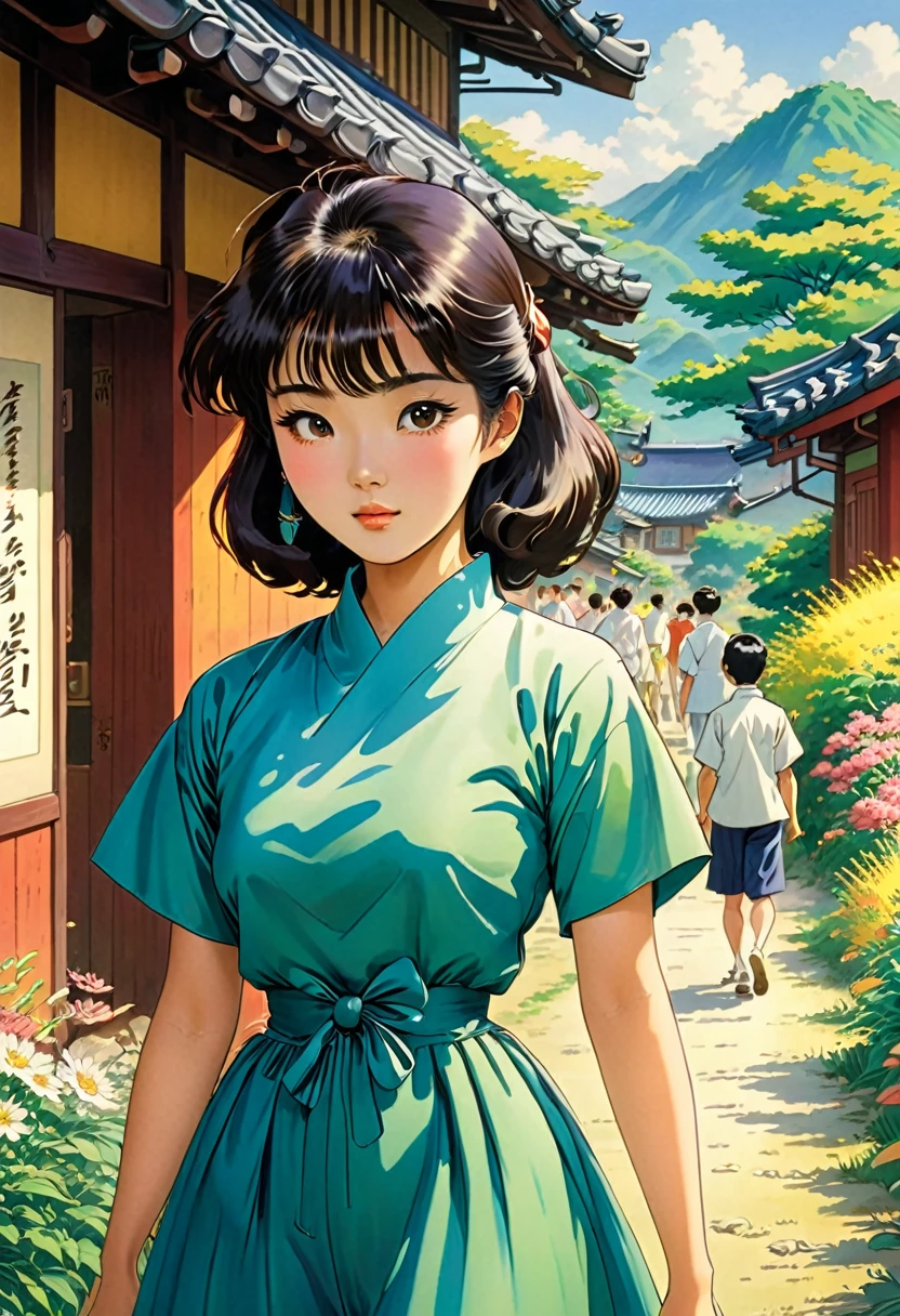images or scene of young Korean adults 20ish both men and womenin 1960s Korea during the summer inKorean countryside almost studio Ghibli feel, Ghibli art style,art style, (cartoon-style bold line work:1.2), vibrant colors, cel shading up close art style of animes during a very classic traditional japanese summertime very Korean bright vivid brilliant very vivid detailing of very 1960s Korea Summer like korean dress and1960s style fashions