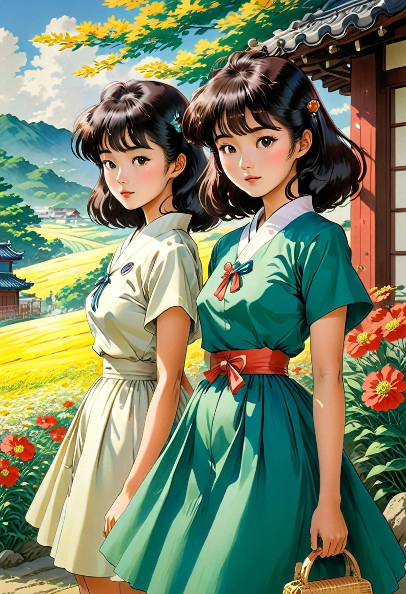 images or scene of young Korean adults 20ish both men and womenin 1960s Korea during the summer inKorean countryside almost studio Ghibli feel, Ghibli art style,art style, (cartoon-style bold line work:1.2), vibrant colors, cel shading up close art style of animes during a very classic traditional japanese summertime very Korean bright vivid brilliant very vivid detailing of very 1960s Korea Summer like korean dress and1960s style fashions