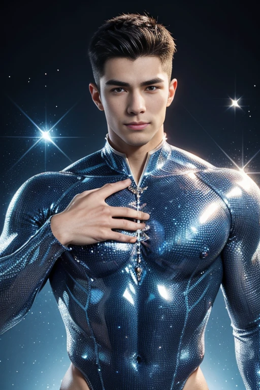 3d, HDR quarter body photorealistic ultra realism high definition aesthetic stabilized diffusion picture of handsome hunky fractal clean shaven King of Diamonds, in blue sapphire transparent sparkling shiny crystal glass chrome outfit,,look at camera, detailed facial parts,, studio as background, Freestyle Pose, Happy Expression, perfect anatomy, symmetric body,, 18 years old, high detail, a lean athletic body, realistic, human skin, extremely detailed fingers,  chad chin,, masculine, human skin, (eyes contact), gorgeous, Attractiveness 