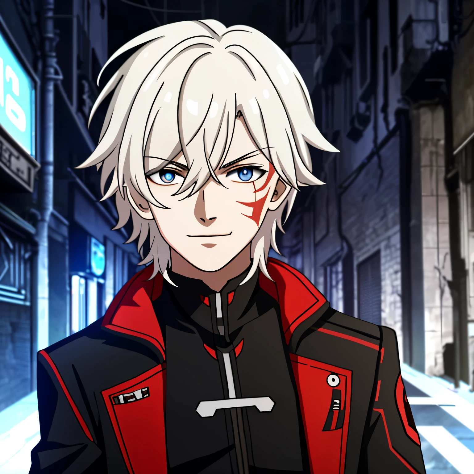 (high-quality, breathtaking),(expressive eyes, perfect face) portrait, Symmetrical Eyes, 1boy, male, teenager, solo, looking at viewer, portrait, simple background, white background, apocalyptic theme, ruined city buildings, alleyway, allen walker, red eye color, white hair, scar, facial mark, halfbody shot, medium hair length, shoulder length hair, confident expression, charming, black and red jacket, hood, red trim, smirk, cyberpunk clothing, Abzu, 
