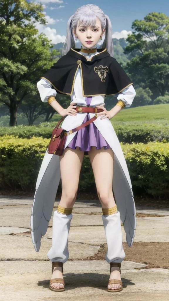 Noelle_BlackClover, 1girl, solo, earrings, twintails, jewelry, hand on hip, purple eyes, capelet, sandals, looking at viewer, outdoors, garden, bag, full body, standing, choker, grey hair, skirt, dress, long sleeves, long hair, closed mouth, belt, wings,