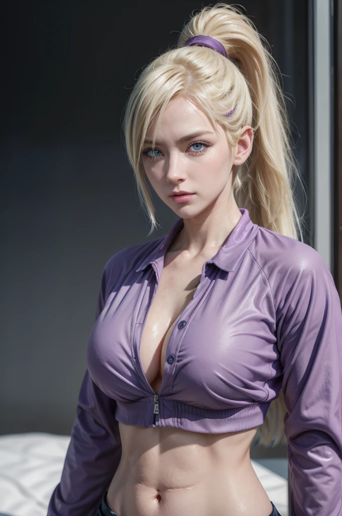Ino from naruto, realistic, age 30, pure white skin, blue pupils, blonde ponytail hair, side fall hair, front button purple cropped ninja jacket, perfect face, perfect shape body, large breasts, clothes covered upper body, 3d .