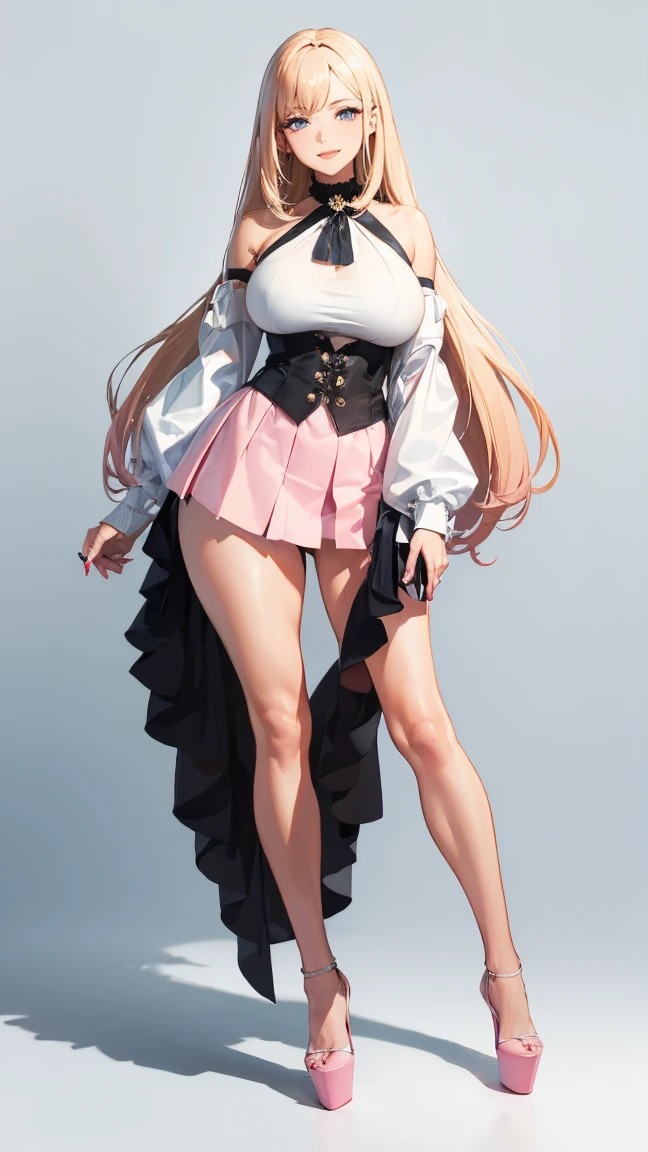 ((masterpiece, high resolution, better quality, better details)), ((Marin Kitagawa)), ((Smiling)), a girl modeling standing, mini skirt, blouse with long sleeves, ((big neckline)), ((platform high heels)), pink eyes with black outline, (light blonde hair, straight hair, straight bangs, long hair)), long nails, pink nails, (((curvy body))), shiny skin, ((side view)), solo, bare shoulders, full body, focus full body, high heels, ((White background)),