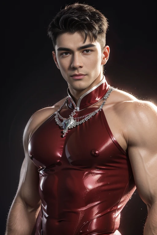3d, HDR quarter body photorealistic ultra realism high definition aesthetic stabilized diffusion picture of handsome hunky fractal clean shaven King of hearts, in ruby red transparent sparkling shiny crystal glass chrome outfit,,look at camera, detailed facial parts,, studio as background, Freestyle Pose, Happy Expression, perfect anatomy, symmetric body,, 18 years old, high detail, a lean athletic body, realistic, human skin, extremely detailed fingers, chad chin,, masculine, human skin, (eyes contact), gorgeous, Attractiveness