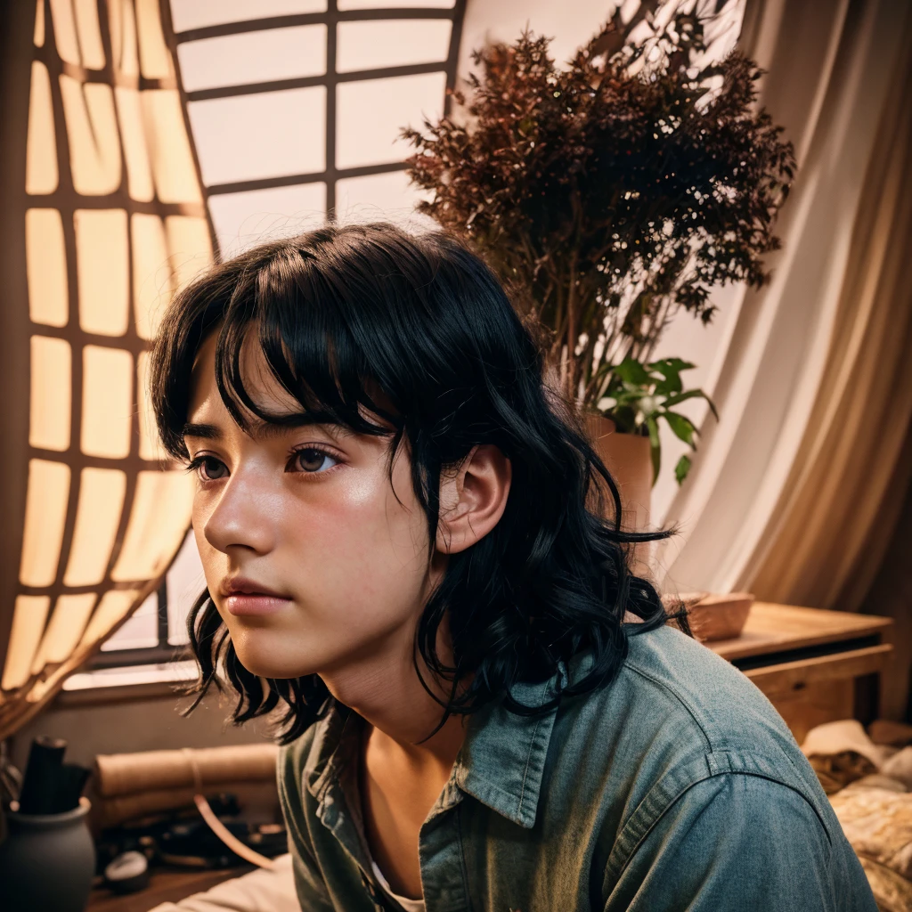 a boy with black wavy hair,boy in his room,19 year old boy,anime,studio ghibli,studio ghibli anime,howl's castle,(best quality,4k,8k,highres,masterpiece:1.2),ultra-detailed,(realistic,photorealistic,photo-realistic:1.37),detailed eyes,detailed face,detailed lips,long eyelashes,indoor scene,studio lighting,warm lighting,cinematic lighting,cinematic composition,vibrant colors,soft colors,highly detailed background,intricate details,ghibli inspired