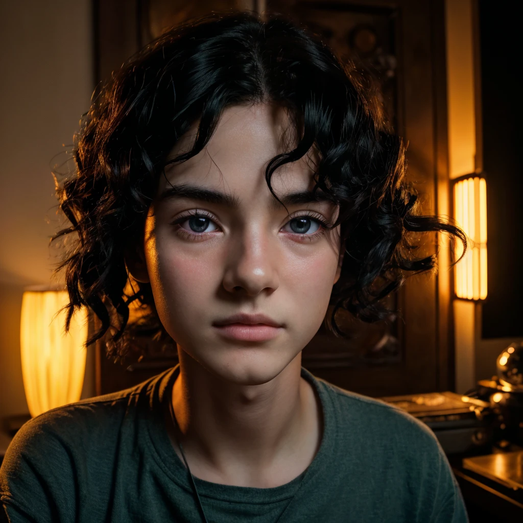 a boy with black wavy hair,boy in his room,19 year old boy,anime,studio ghibli,studio ghibli anime,howl's castle,(best quality,4k,8k,highres,masterpiece:1.2),ultra-detailed,(realistic,photorealistic,photo-realistic:1.37),detailed eyes,detailed face,detailed lips,long eyelashes,indoor scene,studio lighting,warm lighting,cinematic lighting,cinematic composition,vibrant colors,soft colors,highly detailed background,intricate details,ghibli inspired