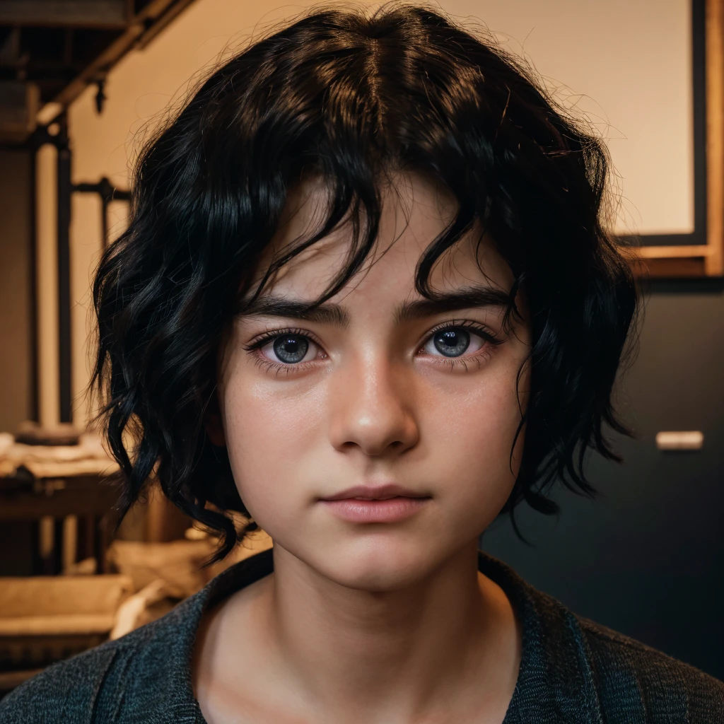 a boy with black wavy hair,boy in his room,19 year old boy,anime,studio ghibli,studio ghibli anime,howl's castle,(best quality,4k,8k,highres,masterpiece:1.2),ultra-detailed,(realistic,photorealistic,photo-realistic:1.37),detailed eyes,detailed face,detailed lips,long eyelashes,indoor scene,studio lighting,warm lighting,cinematic lighting,cinematic composition,vibrant colors,soft colors,highly detailed background,intricate details,ghibli inspired