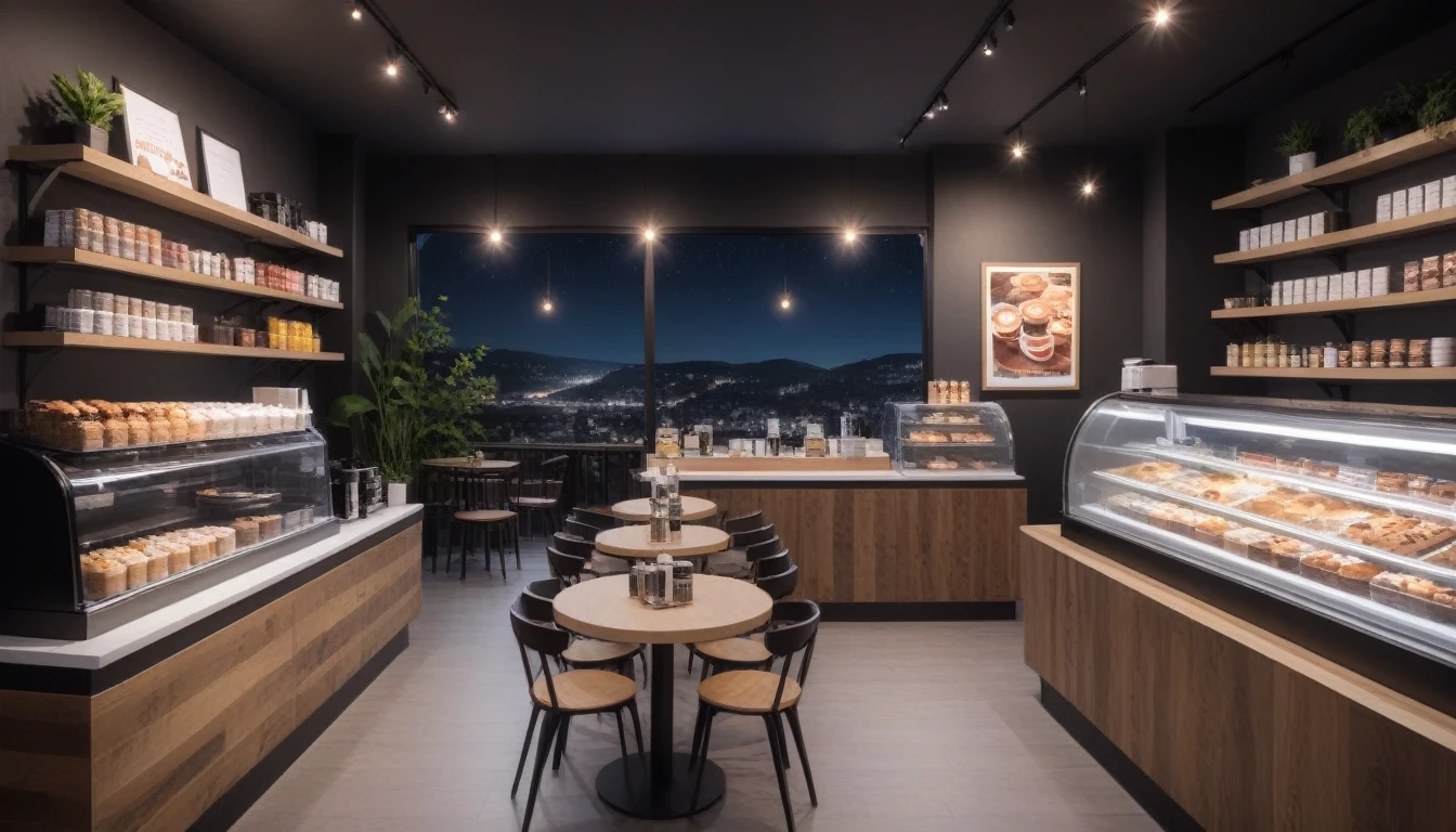 at night, frontal shot coffee shop interior, tables with coffee cups, sweets in the shelves, and a big window in the center