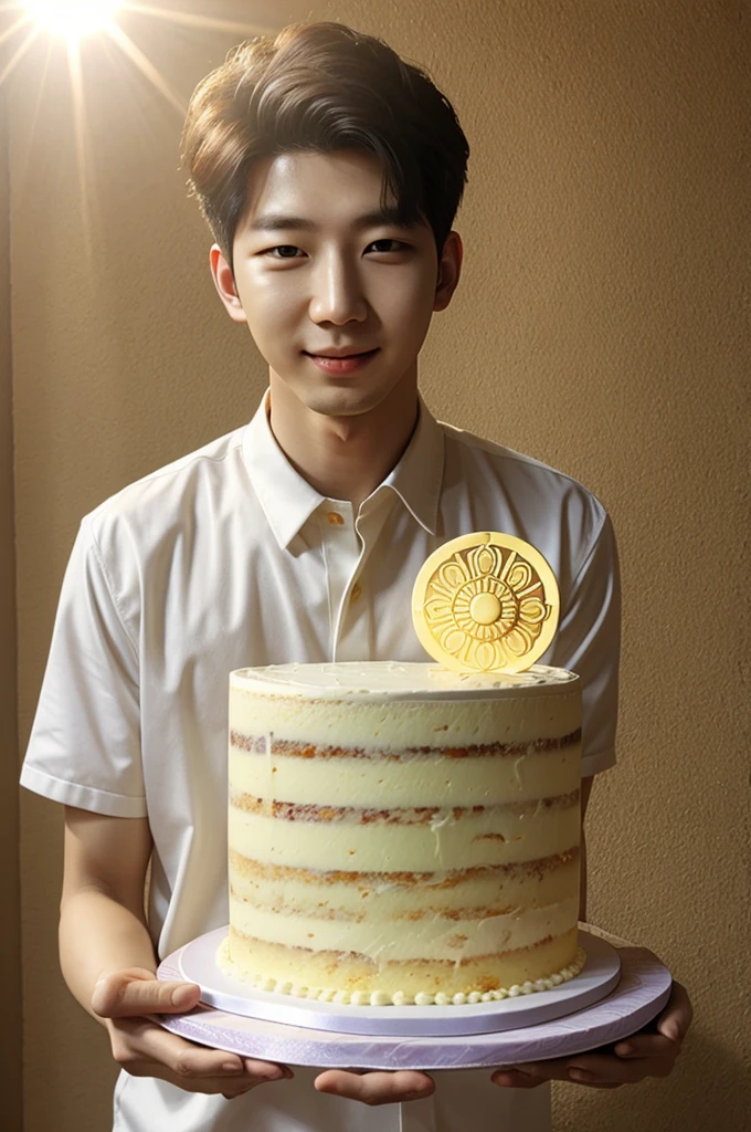 Kim Namjoon, holding a sun themed cake