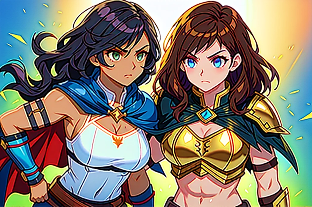 Warrior woman brunette tan skin light eyes short black hair wavy pixie style muscular body perfect breasts leather armor cape