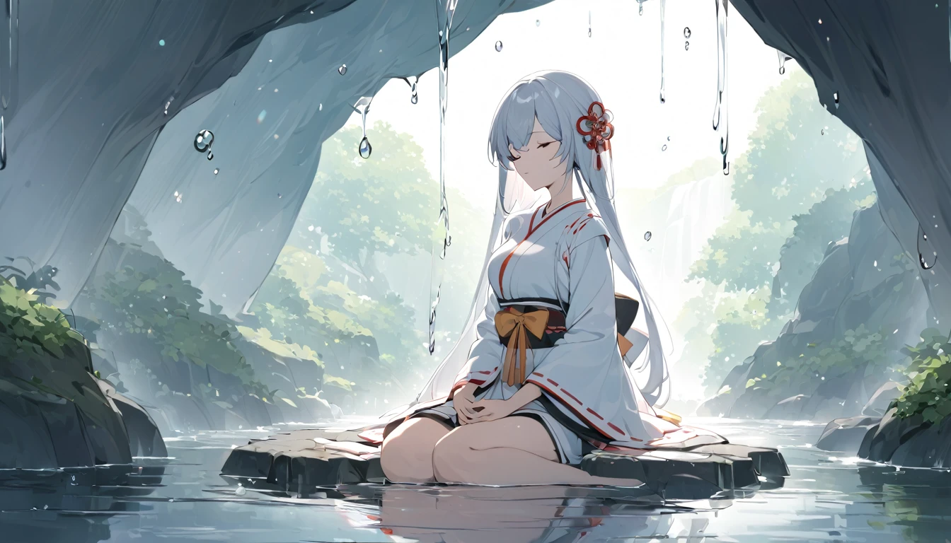 A Japanese shrine maiden meditates in a beautiful and mysterious cave dripping with water drops.