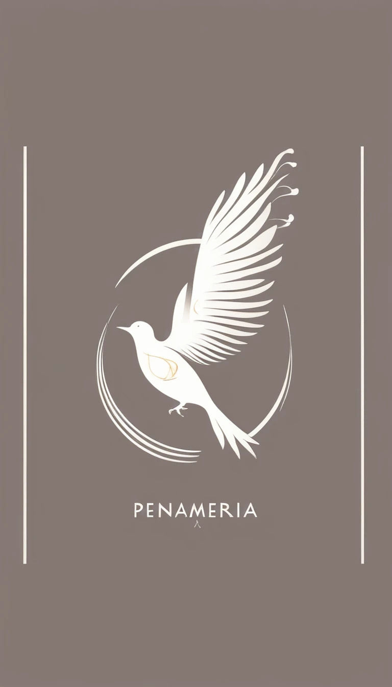 A minimal, modern, simple, cinematic logotype for the brand “Penamemoria". The logotype must be a simple, magical feather and a boy playing acoustic guitar. The logo must convey a sense of music, stories and dreams. Logo design impressed on a book cover. Minimalistic logo