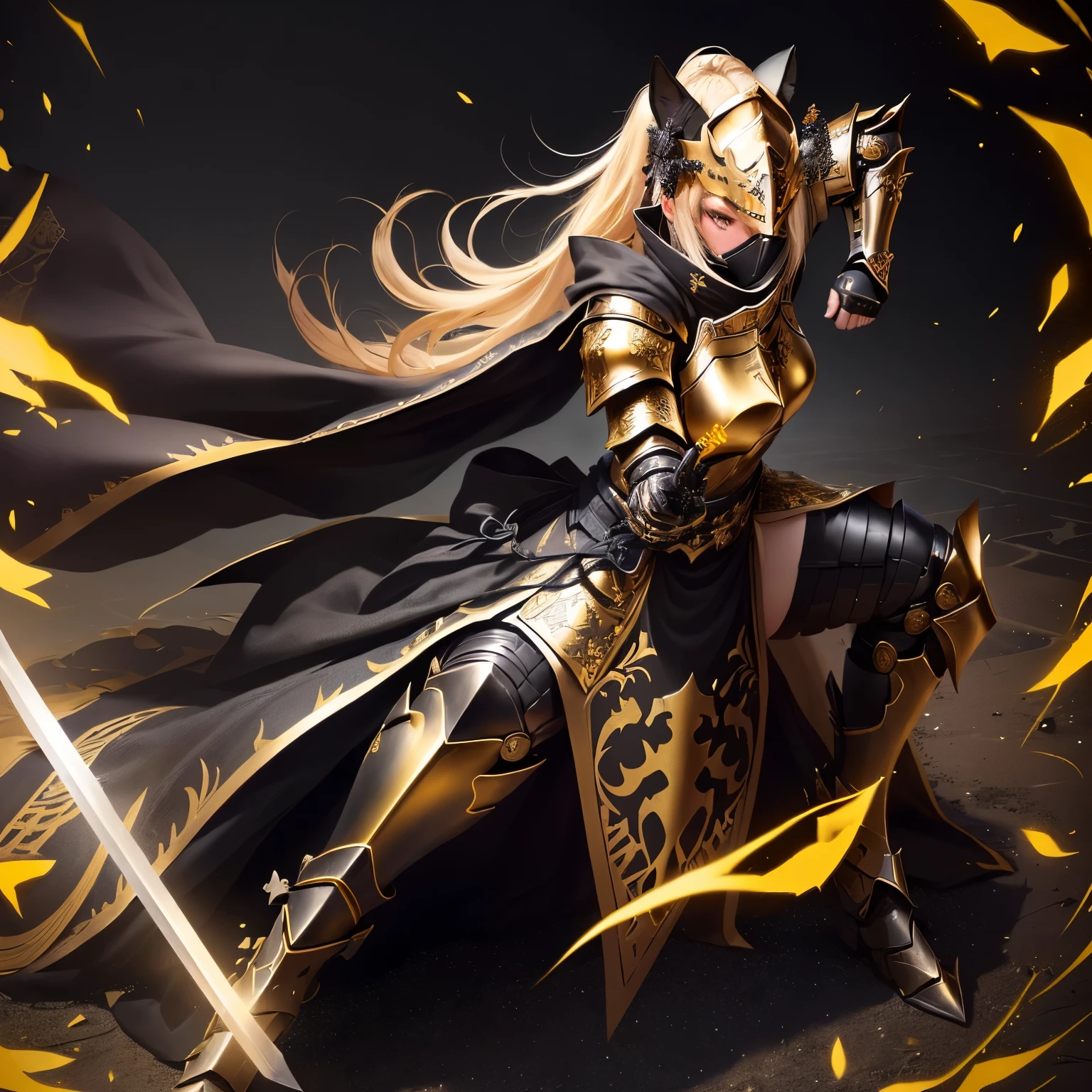 There is a woman dressed as a knight holding a sword., Dressed in ancient battle armor, Black and gold armor, Black and gold armor, Knight in golden cat armor, black armored uniform, A black helmet covering the eyes, Cyber Japan Samurai Armor, female paladin photos, Girl in knight&#39;s armor, Scandelas Fantasy Armor, Black armor with yellow accents, Pale black armor, Holding a sword in both hands