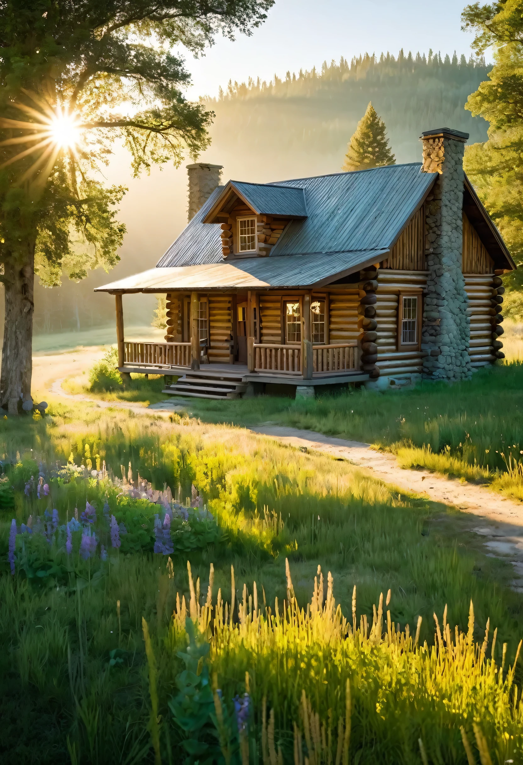 A charming log cabin, nestled amidst a sprawling meadow, exudes a sense of peaceful solitude. The sun casts long shadows across the dusty road, leading the eye towards the warmth and comfort of the cabin's welcoming porch.