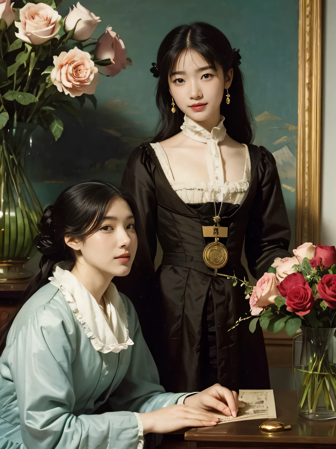 James Whistler painting style,Arguments of two female Philosophe,math、astronomical machine、astronaut、roses in vase、fruits、Cute trinkets、smile、ancient