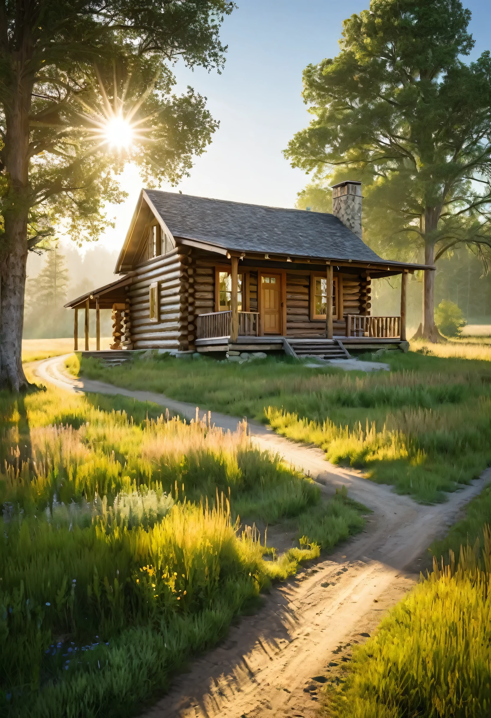 A charming log cabin, nestled amidst a sprawling meadow, exudes a sense of peaceful solitude. The sun casts long shadows across the dusty road, leading the eye towards the warmth and comfort of the cabin's welcoming porch.