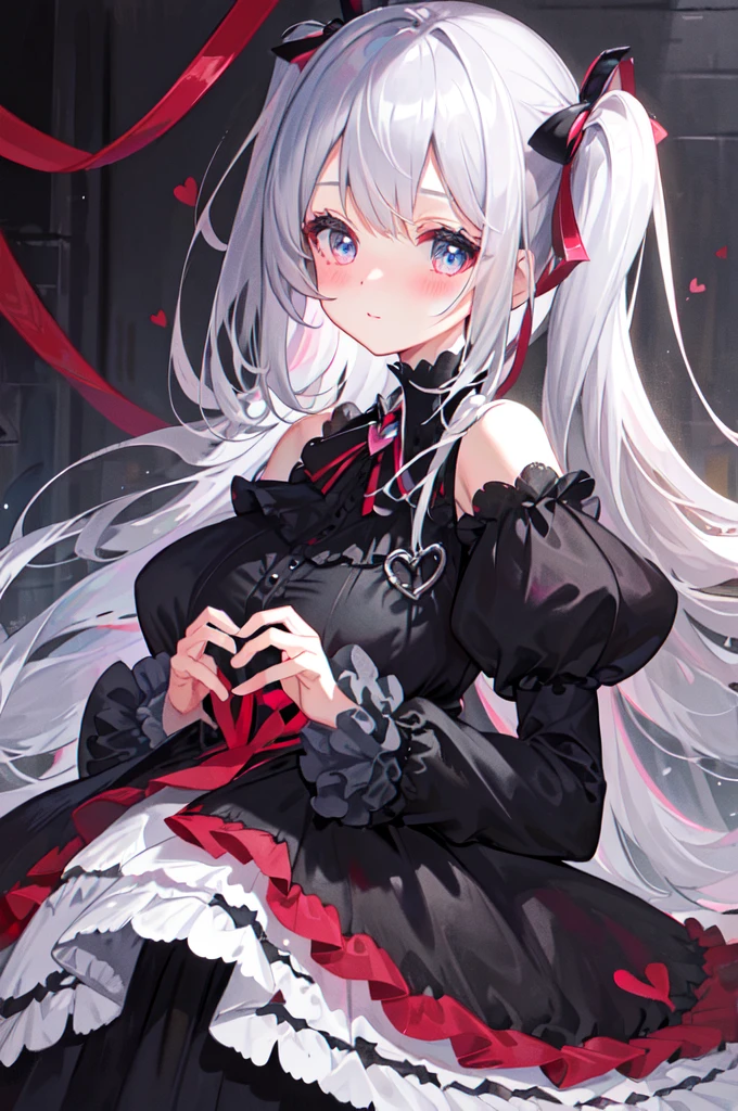 (((Masterpiece))), top quality, super detailed, blush, cute and playful, goth clothes, ribbons, cheerful, silver hair, fluffy hairstyle, huge, heart-blowing eyes, sweet look.