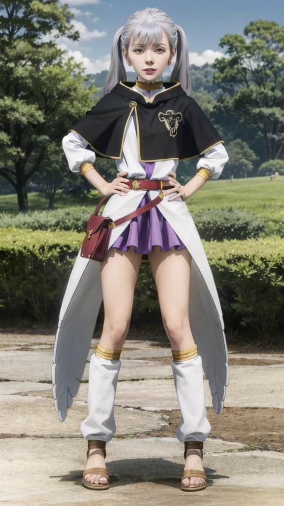Noelle_BlackClover, 1girl, solo, earrings, twintails, jewelry, hand on hip, purple eyes, capelet, sandals, looking at viewer, outdoors, garden, bag, full body, standing, choker, grey hair, skirt, dress, long sleeves, long hair, closed mouth, belt, wings,