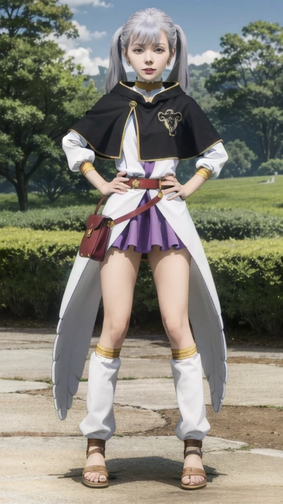 Noelle_BlackClover, 1girl, solo, earrings, twintails, jewelry, hand on hip, purple eyes, capelet, sandals, looking at viewer, outdoors, garden, bag, full body, standing, choker, grey hair, skirt, dress, long sleeves, long hair, closed mouth, belt, wings,  