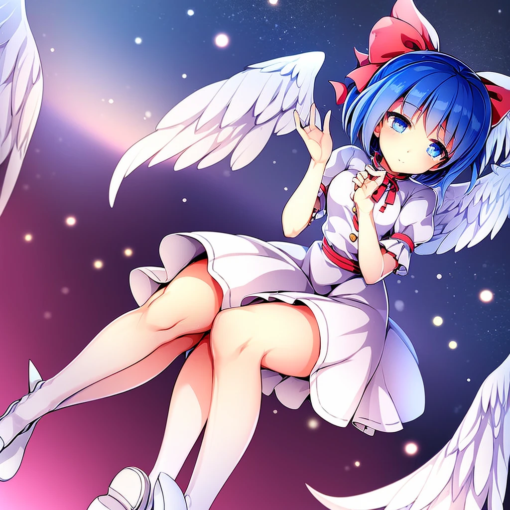 masterpiece, best quality, 1girl, , , 10 years old, medium blue hair, hair flaps, pink ribbon on head, well-formed face, blue eyes, angel girl, white blouse, puffy short sleeves, red ribbon, angel wings, long white skirt, red shoes, frills, ribbon head