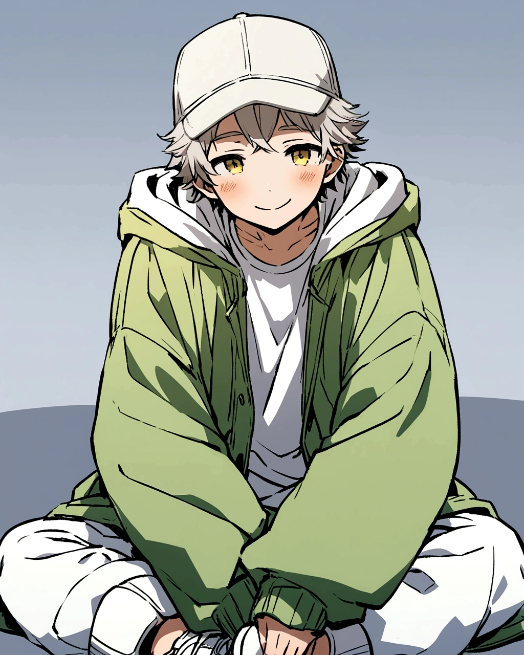 A digital anime-style illustration of a boy with long, wavy gray hair. He is wearing a light brown baseball cap and a loose, oversized green jacket over a white T-shirt. The boy is sitting cross-legged on the floor, with his hands resting in his lap. His outfit is completed with black, baggy pants and white sneakers. The background is plain and light-colored. The boy has a gentle smile and blush on his cheeks, giving a warm and friendly expression."