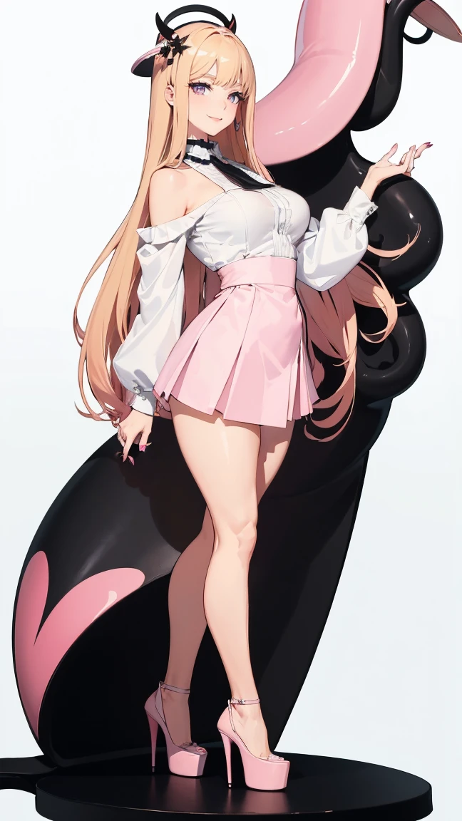 ((masterpiece, high resolution, better quality, better details)), ((Marin Kitagawa)), ((Smiling)), a girl modeling standing, mini skirt, blouse with long sleeves, ((big neckline)), ((platform high heels)), pink eyes with black outline, (light blonde hair, straight hair, straight bangs, long hair)), long nails, pink nails, (((curvy body))), shiny skin, ((side view)), solo, bare shoulders, full body, focus full body, high heels, ((White background)),
