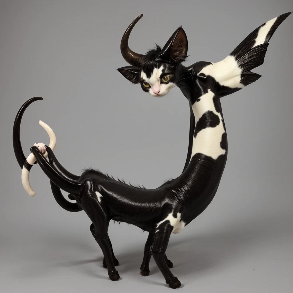 A cat with 500 legs, cow horns, fly wings, and 4 tails.