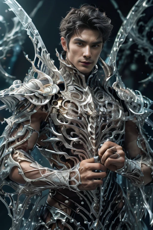 3d, HDR quarter body photorealistic ultra realism high definition aesthetic stabilized diffusion picture of handsome hunky fractal clean shaven King of Spades, in black onyx transparent sparkling shiny crystal glass chrome outfit,,look at camera, detailed facial parts,, studio as background, Freestyle Pose, Happy Expression, perfect anatomy, symmetric body,, 18 years old, high detail, a lean athletic body, realistic, human skin, extremely detailed fingers, chad chin,, masculine, human skin, (eyes contact), gorgeous, Attractiveness