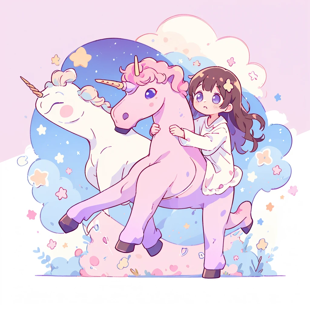 ((unicorn)), ((medium head)), (( proportionate)), small, pastel colors, kawaii, cute colors, masterpiece, 💖💫, riding a unicorn in the night sky, 1girl, nightgown, pajama style, pastel purple sky, medium hair, brown hair, blue inner hair, hime cut, wavy hair,
