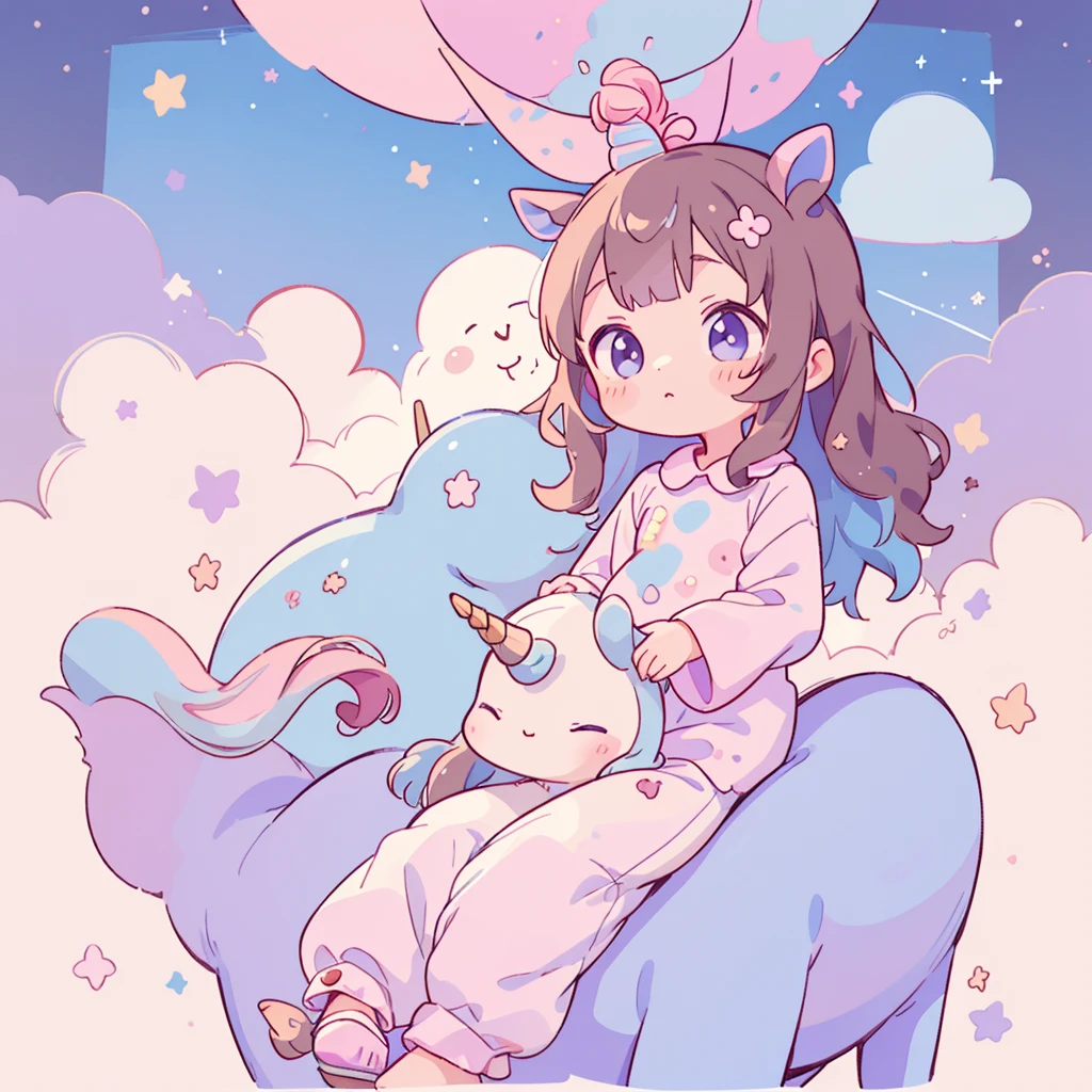 ((unicorn)), ((medium head)), (( proportionate)), small, pastel colors, kawaii, cute colors, masterpiece, 💖💫, riding a unicorn in the night sky, 1girl, nightgown, pajama style, pastel purple sky, medium hair, brown hair, blue inner hair, hime cut, wavy hair,