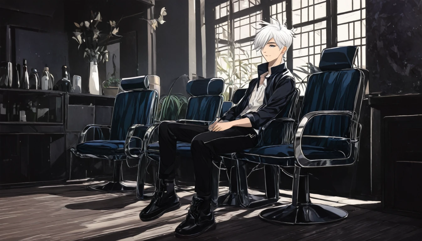Young white hair stylist boy ayush(anime style) ayush sit on chairs and drowing