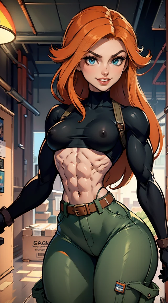 (Muscular:1.6), (thick thighs:1.6),
(long hair:1.3) orange-red hair, green eyes, pale skin,
eyeshadow,
detailed eyes, (big smile:1.6), detailed skin,
(small breasts:1.8),
(black crop top, black gloves, brown belt, long sleeves:1.3), (green cargo pants:1.5),
(upper body view:1.7), looking at viewer, (three quarter view:1.3),
(high tech room), rim lighting, two tone lighting, dimly lit, bokeh
