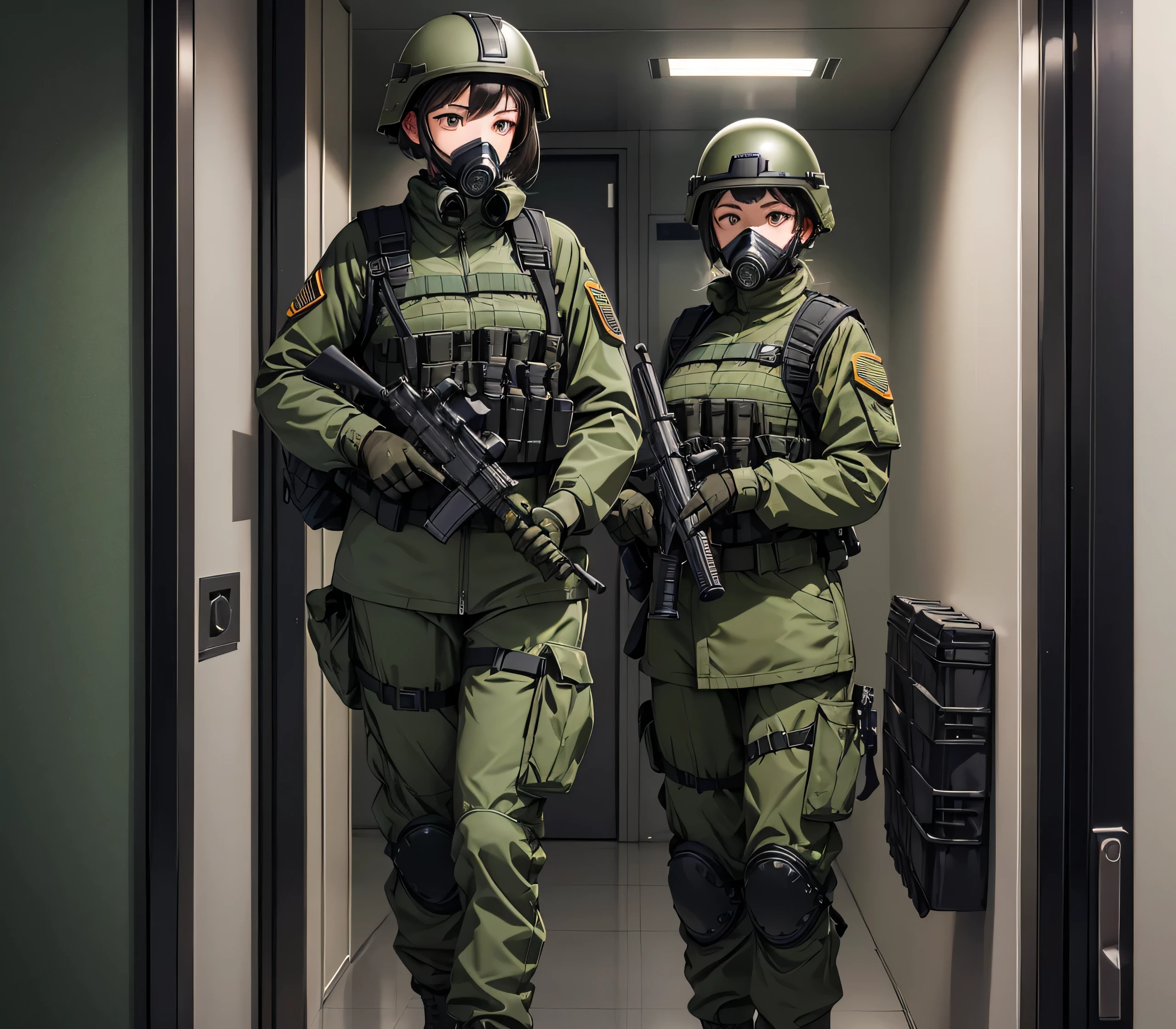 Three female special forces soldiers wearing gas masks、Put on a helmet、Wearing dark green M-51 military uniform、Show only the upper thigh area、Standing guard in front of the elevator door、Write details、masterpiece、best quality、Highly detailed CG、8K picture quality