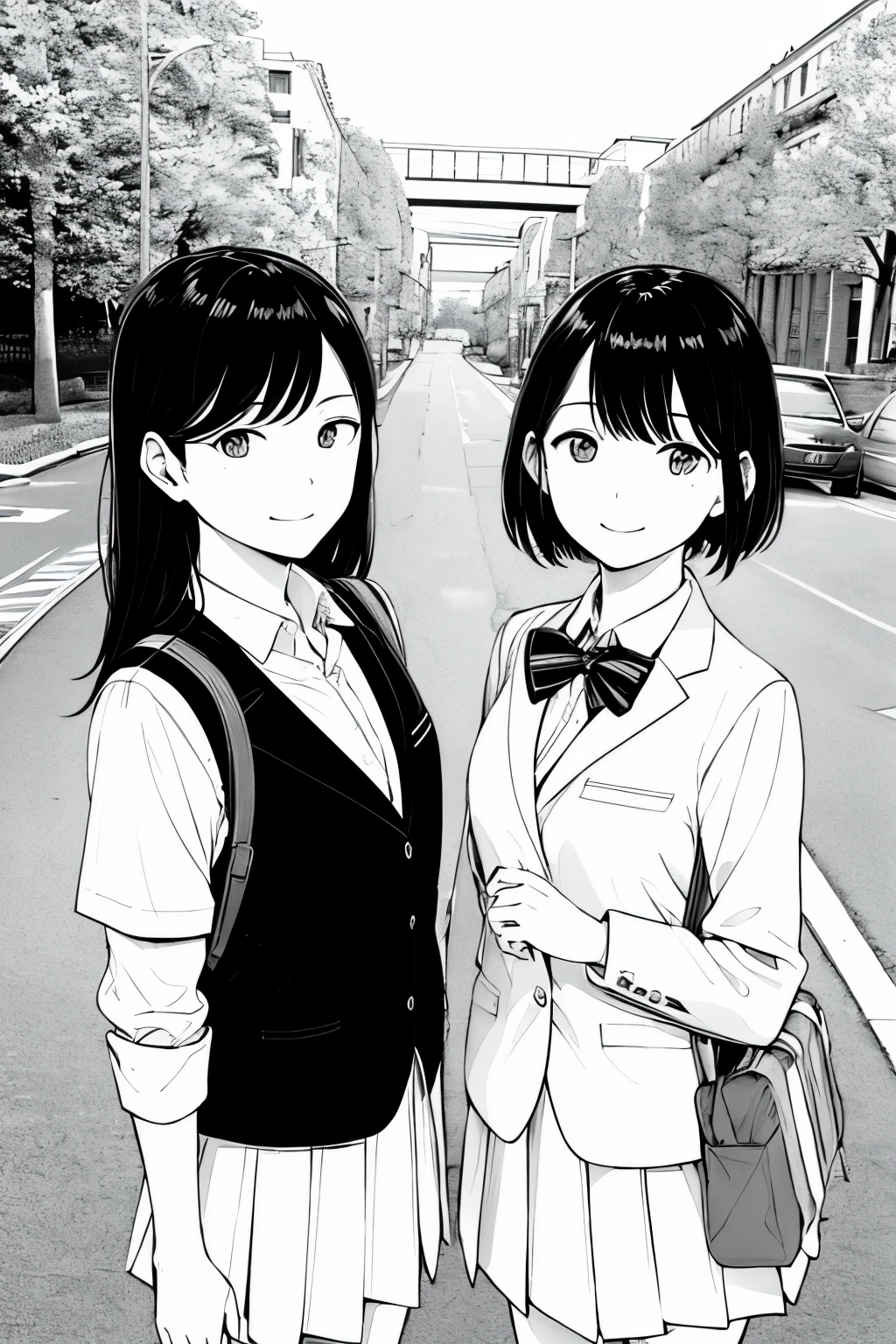 masterpiece, Highest quality, men and women,Couple,Love love uniform, smile, School Bags, Black Hair, Iris, Street, Monochrome, The line