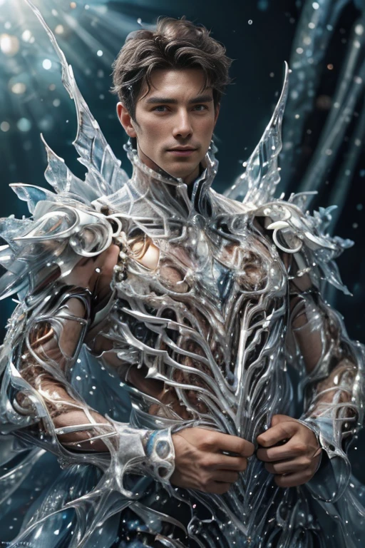 3d, HDR quarter body photorealistic ultra realism high definition aesthetic stabilized diffusion picture of handsome hunky fractal clean shaven King of Diamonds, in blue sapphire transparent sparkling shiny crystal glass chrome outfit,,look at camera, detailed facial parts,, studio as background, Freestyle Pose, Happy Expression, perfect anatomy, symmetric body,, 18 years old, high detail, a lean athletic body, realistic, human skin, extremely detailed fingers,  chad chin,, masculine, human skin, (eyes contact), gorgeous, Attractiveness 