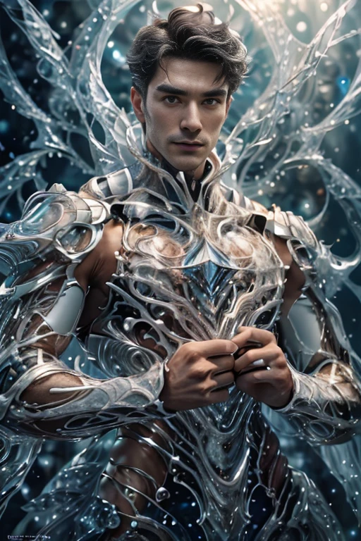 3d, HDR quarter body photorealistic ultra realism high definition aesthetic stabilized diffusion picture of handsome hunky fractal clean shaven King of Diamonds, in blue sapphire transparent sparkling shiny crystal glass chrome outfit,,look at camera, detailed facial parts,, studio as background, Freestyle Pose, Happy Expression, perfect anatomy, symmetric body,, 18 years old, high detail, a lean athletic body, realistic, human skin, extremely detailed fingers, chad chin,, masculine, human skin, (eyes contact), gorgeous, Attractiveness