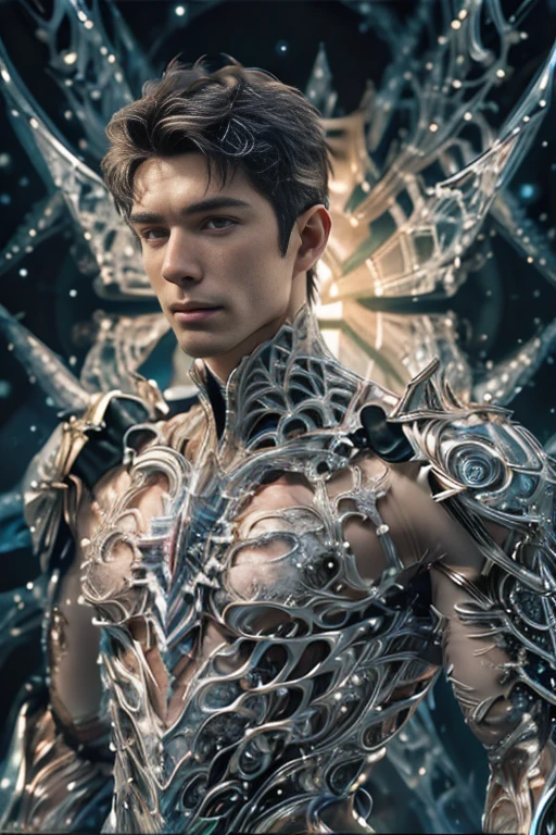 3d, HDR quarter body photorealistic ultra realism high definition aesthetic stabilized diffusion picture of handsome hunky fractal clean shaven King of Diamonds, in blue sapphire transparent sparkling shiny crystal glass chrome outfit,,look at camera, detailed facial parts,, studio as background, Freestyle Pose, Happy Expression, perfect anatomy, symmetric body,, 18 years old, high detail, a lean athletic body, realistic, human skin, extremely detailed fingers,  chad chin,, masculine, human skin, (eyes contact), gorgeous, Attractiveness 