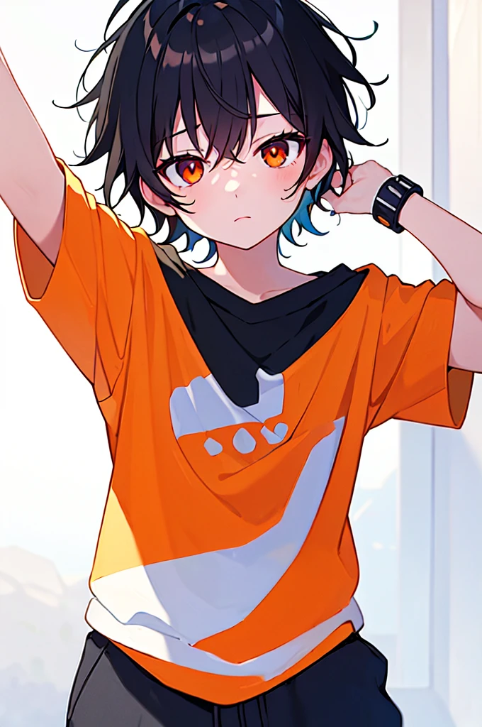 [(WHITE BACKGROUND:1.5),::5], ((((masterpiece)))), high quality, very_high_resolution, large_filesize, full color, solo, ((( boy))), 13 oldt Black hair, vivid color, orange eye, Summer clothes, anime,