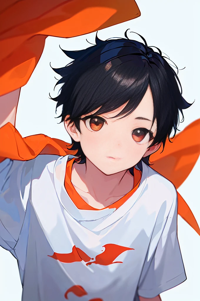 [(WHITE BACKGROUND:1.5),::5], ((((masterpiece)))), high quality, very_high_resolution, large_filesize, full color, solo, (((little boy))), 13 old year, short Black hair, vivid color, orange eye, Summer clothes, anime,