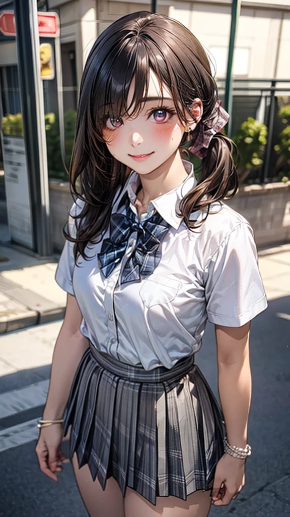 (masterpiece:1.2, top-quality), (realistic, photorealistic:1.4), beautiful illustration, (natural side lighting, movie lighting),
looking at viewer, full body, 1 girl, japanese, high school girl, perfect face, cute and symmetrical face, suntan, shiny skin,
(long hair:1.5, side ponytail:1.4, brown hair), hair over one eye:1.4, maroon eyes, long eye lasher, (large breasts:0.6),
beautiful hair, beautiful face, beautiful detailed eyes, beautiful clavicle, beautiful body, beautiful chest, beautiful thigh, beautiful legs, beautiful fingers,
((collared short sleeve shirt, white shirt, , grey plaid pleated skirt, blue plaid bow tie), wrist chakra), white panties,
(beautiful scenery), school, (liftting skirt, standing, open legs), (seductive smile, in heat),