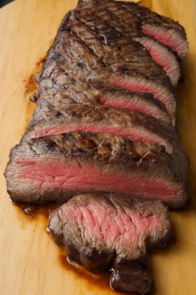 Freshly grilled steak cuts、Close-up、Overflowing meat juice、Hot steam、looks delicious、high resolution、Extremely detailed、Stab it with a fork and bring it closer to the camera、The surface of the meat is as shiny as glass.々It is reflected by。