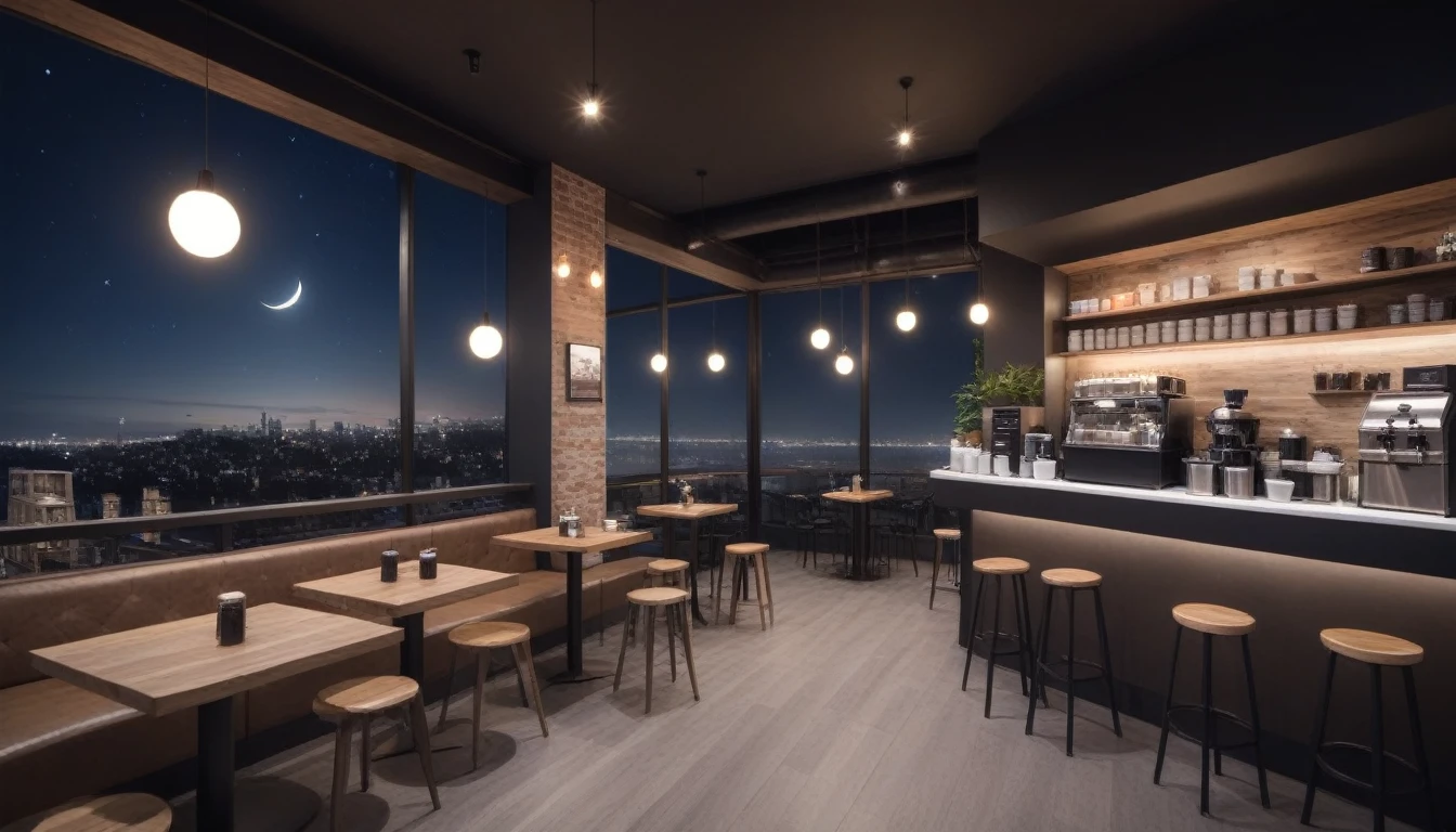 at night, frontal shot coffee shop interior, tables with coffee cups, and a big window in the center