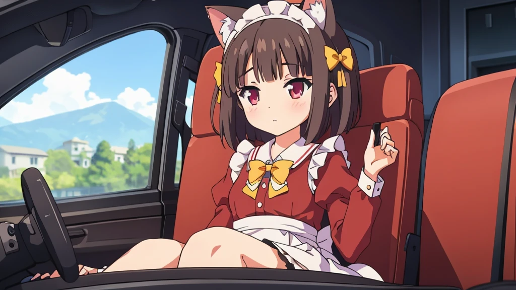 1 girl, Alone, Brown hair, animal ears, cola, cat ears, cat cola, bow, old, two sides up, long sleeves, maid headvestido, Bell, jingle Bell, food, short hair, short dress mini skirt, small old, puffy sleeves, bowtie, cat girl, steering wheels, juliet sleeves, animal ear fluff, hits, apron, hair bow, clothing trimming, strawberry, blush, clavicle