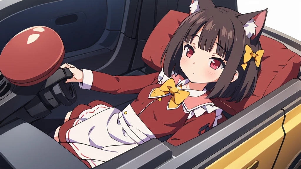 1 girl, Alone, Brown hair, animal ears, cola, cat ears, cat cola, bow, old, two sides up, long sleeves, maid headvestido, Bell, jingle Bell, food, short hair, short dress mini skirt, small old, puffy sleeves, bowtie, cat girl, steering wheels, juliet sleeves, animal ear fluff, hits, apron, hair bow, clothing trimming, strawberry, blush, clavicle