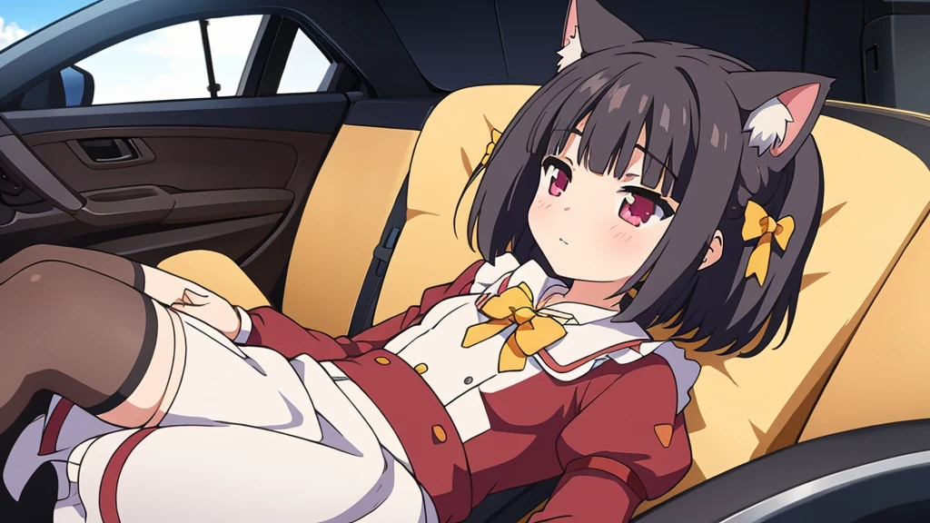 1 girl, Alone, Brown hair, animal ears, cola, cat ears, cat cola, bow, old, two sides up, long sleeves, maid headvestido, Bell, jingle Bell, food, short hair, short dress mini skirt, small old, puffy sleeves, bowtie, cat girl, steering wheels, juliet sleeves, animal ear fluff, hits, apron, hair bow, clothing trimming, strawberry, blush, clavicle
