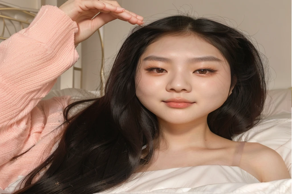 Araffe Asian woman with long black hair lying on the bed, jennie pink black, ulzzang, beautiful south korean woman, Beautiful young Korean woman, young and adorable korean face, korean girl, Beautiful young Korean woman, pale korean adorable face, Young cute pale asian face, with round face, south east asian with round face, Korean face features, pale round face