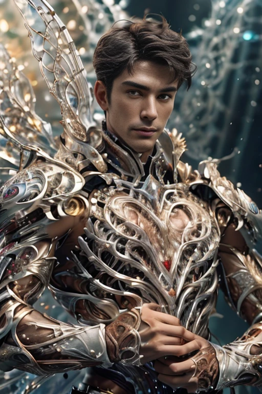 (photorealistic, masterpiece, best quality, highres, highly detailed), a young and handsome man posing nude surrounded by crystal, personification of crystal as a man, 18-year-old man, vibrant colors, realistic lighting, sparkling reflections, radiant and transparent skin, chiseled physique, intense gaze, striking features, well-defined jawline, tousled hair, confident and relaxed posture, artistic composition, elegant and graceful pose, captivating and alluring expression, the man's body covered with delicate and intricate crystals, creating a mesmerizing and ethereal effect, immaculate attention to detail, flawless rendering of textures, harmonious blend of realism and fantasy, incredible depth and dimension, attention-grabbing contrast between the smoothness of the man's skin and the texture of the crystals, seamless integration of the human form with the crystal surroundings, evoking a sense of grace, beauty, and mystery, powerful symbolism of purity and strength embodied by the crystal elements, expert use of shadows and highlights to enhance the three-dimensional quality of the image, masterful use of color to create a dreamlike atmosphere, refined and subtle nuances of light and shade, creating a visually stunning and emotionally impactful scene, exquisite craftsmanship and skillful execution, capturing the essence of both the human form and the ethereal beauty of crystals, creating an unforgettable and awe-inspiring visual experience.