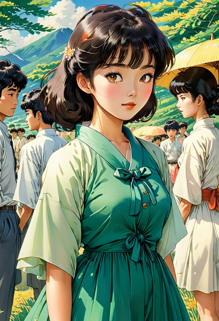 images or scene of young Korean adults 20ish both men and womenin 1960s Korea during the summer inKorean countryside almost studio Ghibli feel, Ghibli art style,art style, (cartoon-style bold line work:1.2), vibrant colors, cel shading up close art style of animes during a very classic traditional S korean summertime very Korean bright vivid brilliant very vivid detailing of very 1960s Korea Summer like korean dress and1960s style fashions very korean people more males kinda korean manhwas anime feel